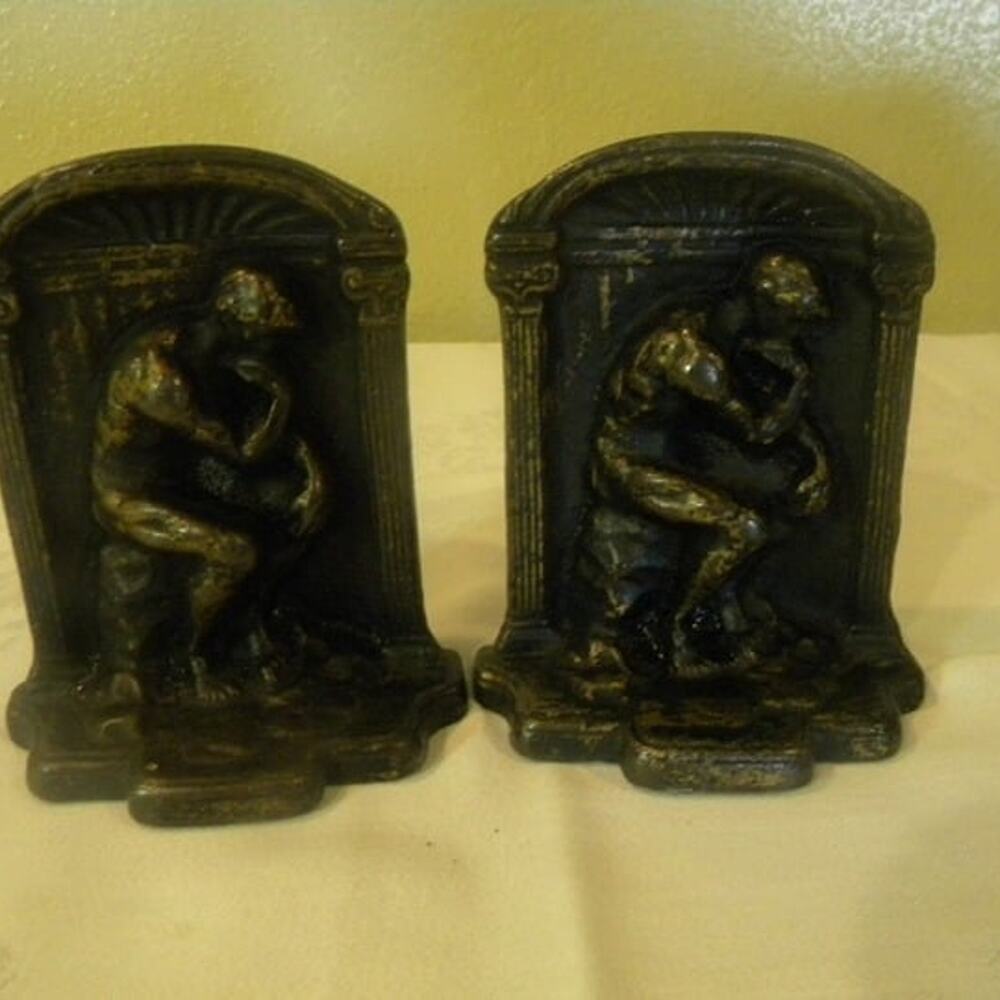 Vintage Pair of Plated Cast Iron Bookends. “THE THINKER" Greek Philosopher